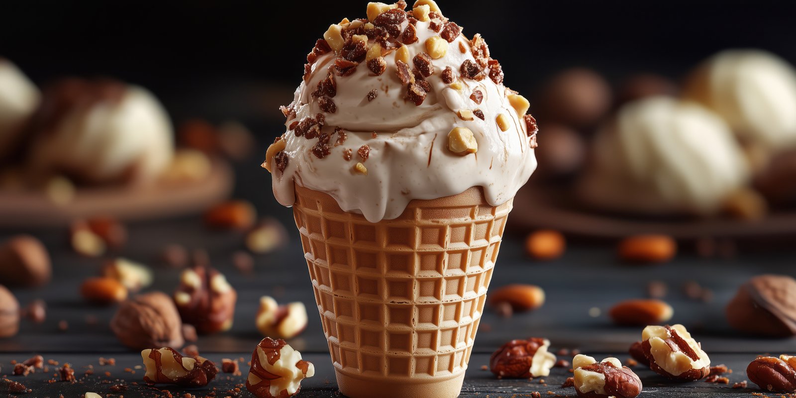 Delicious ice cream cone topped with nuts and chocolate on a dark table